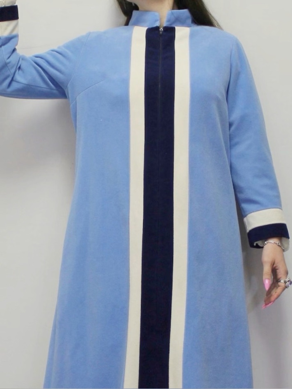 Vintage 1960s Vanity Fair Blue Striped Mod Dress Coat Robe